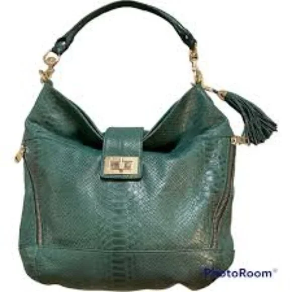 Rebecca Minkoff Snakeskin Croc Embossed Forest Green Hobo Bag with Gold Accents - Picture 1 of 7